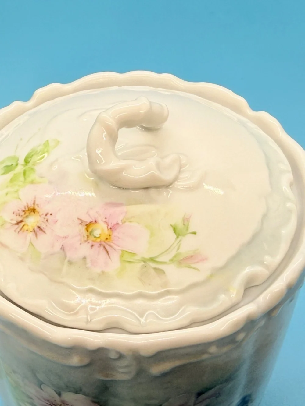 Vintage Porcelain Embossed Biscuit Jar & Lid Handpainted w Pastel Floral Motifs